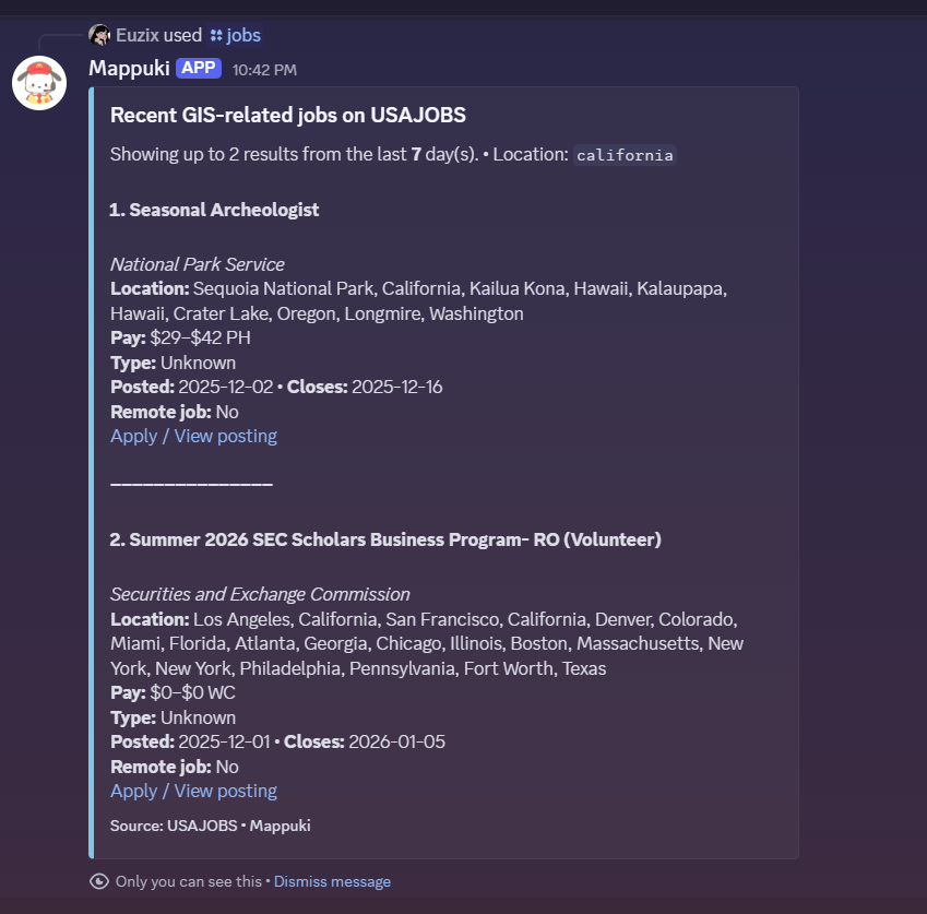 Screenshot of the Discord Job Bot posting jobs in a channel